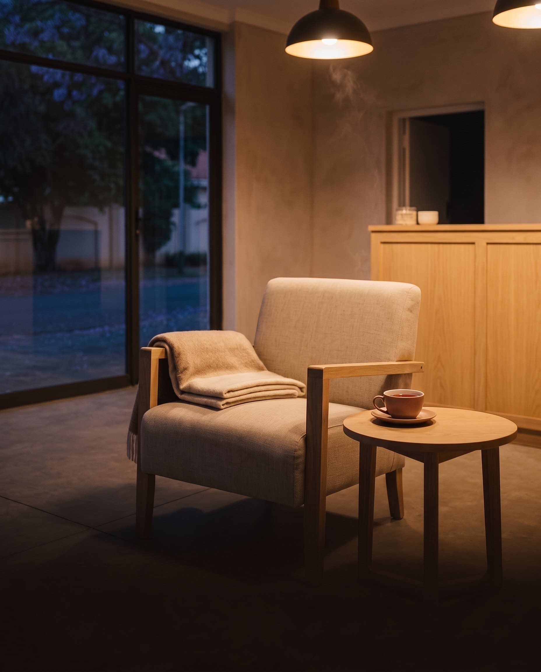 An armchair kept ready with a folded throw and a cup of rooibos tea