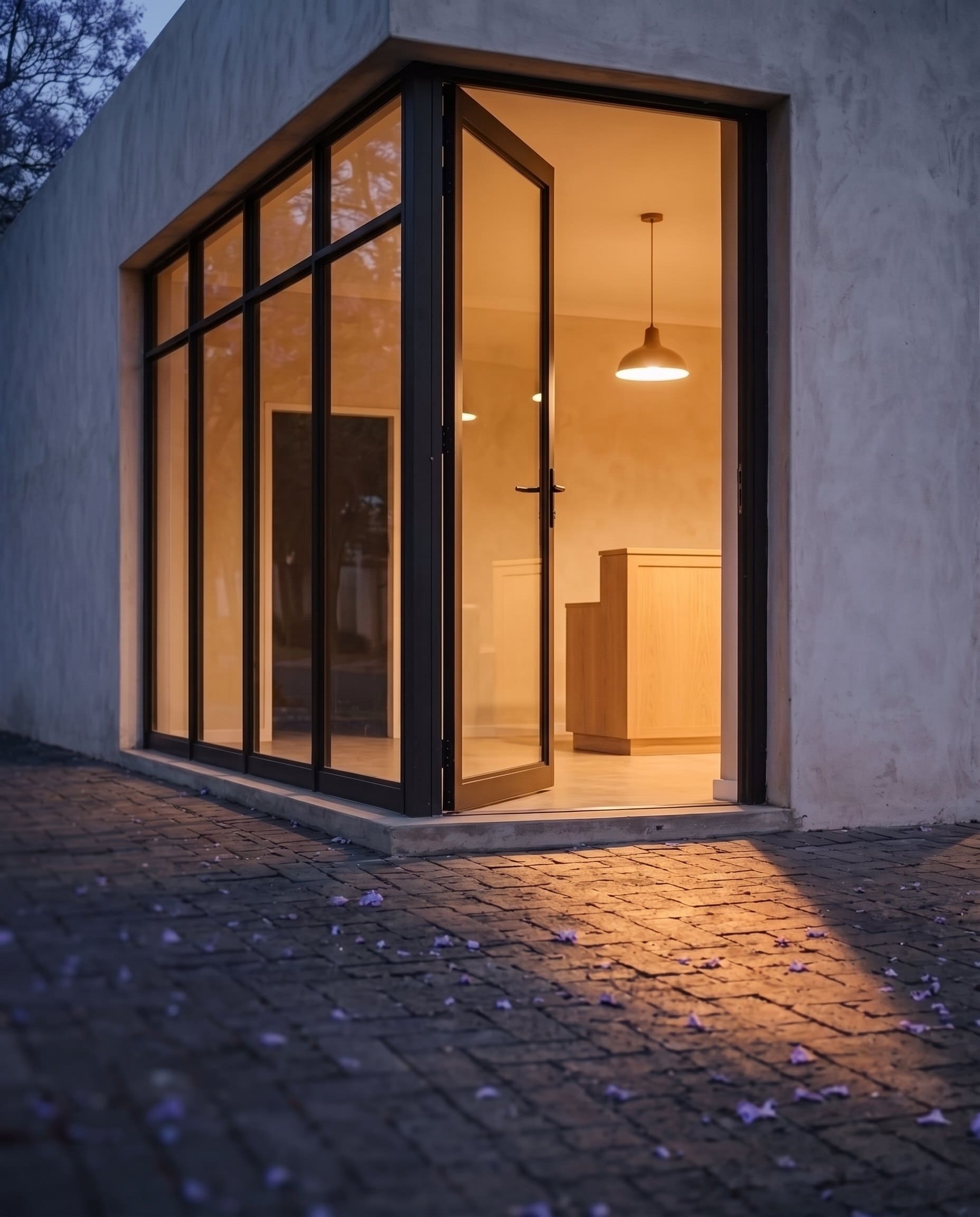 An open glass door with warm light spilling onto the paving at dusk